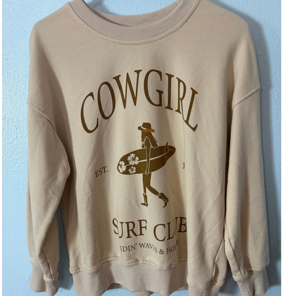 Gilli Cowgirl Surf Club Graphic Sweatshirt Beige Small Equestrian Boho Western